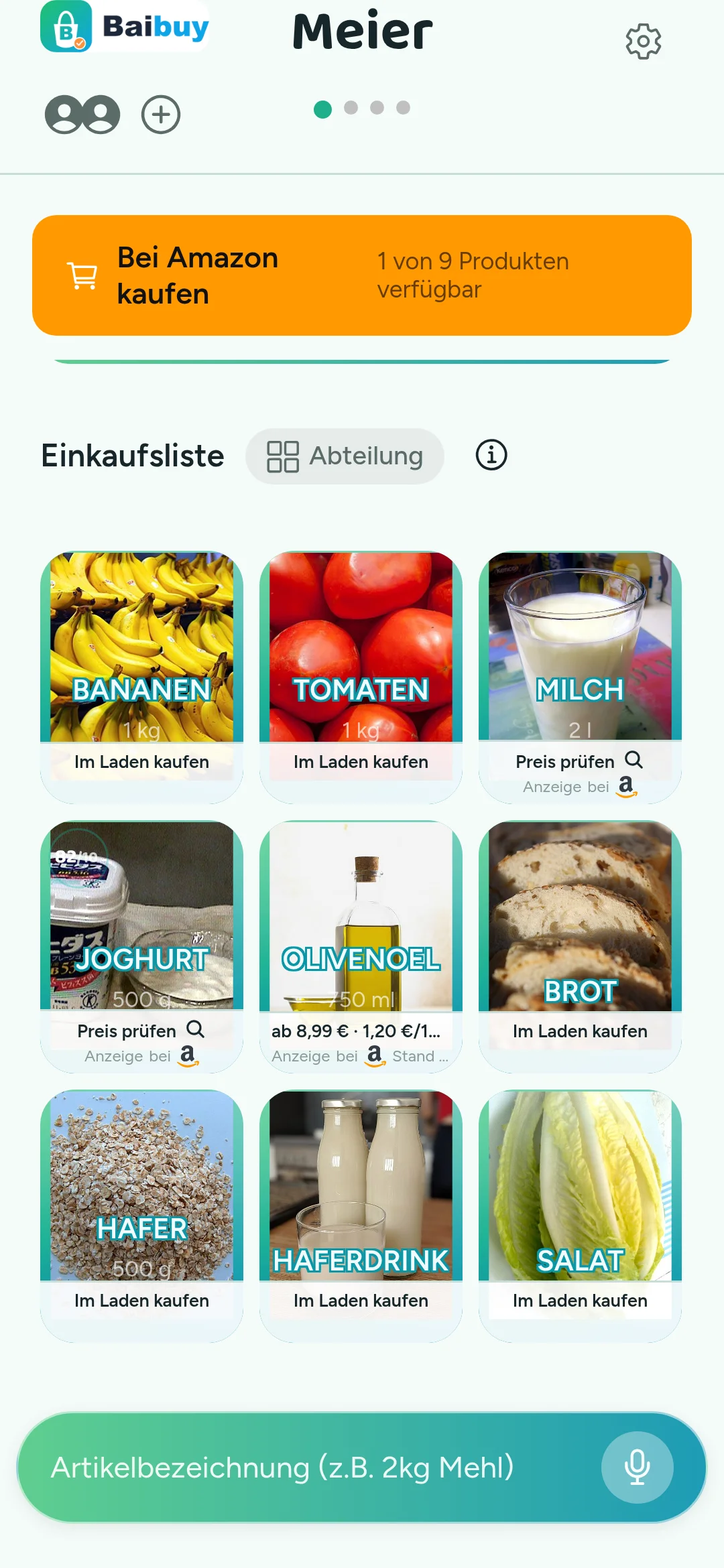 BaiBuy-Einkaufsliste nach dem Hinzufuegen von Haferdrink, Salat und Brot: drei neue Produktkacheln mit echten Produktbildern über dem Add-Flow