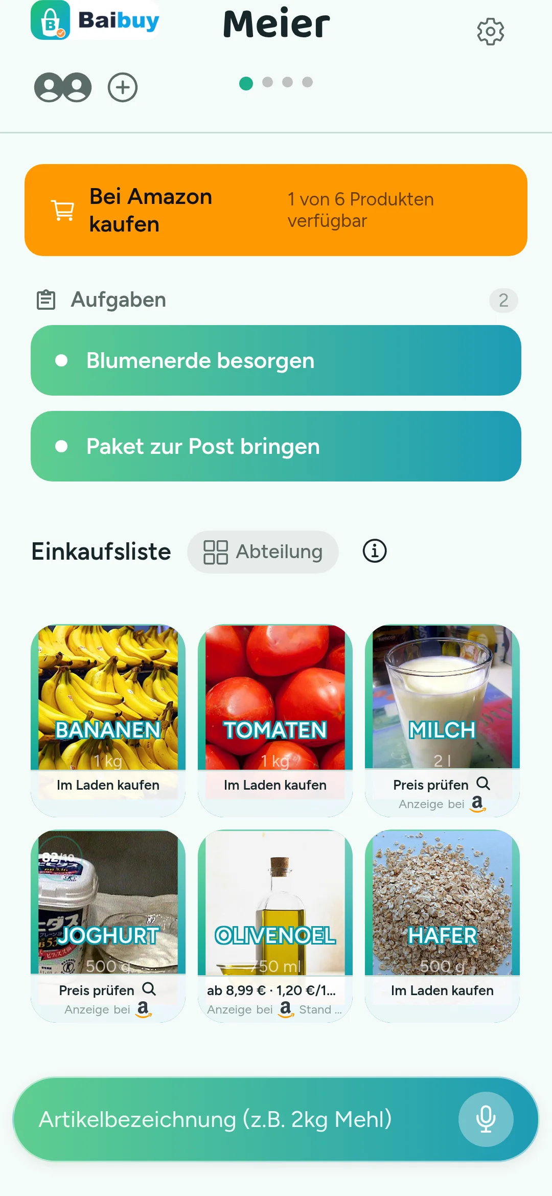 BaiBuy Aufgaben: Erinnerungen wie &bdquo;Blumenerde besorgen&ldquo; auf grünen Aufgaben-Zeilen über der Einkaufsliste